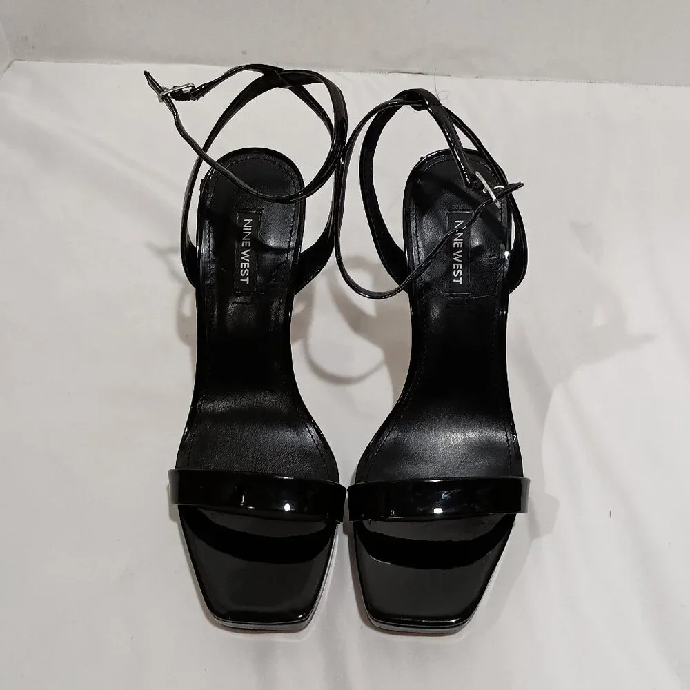 Nine West Womens Zadie Heeled Sandal Black Patent Size 8.5 Square Toe Stiletto - Picture 8 of 9